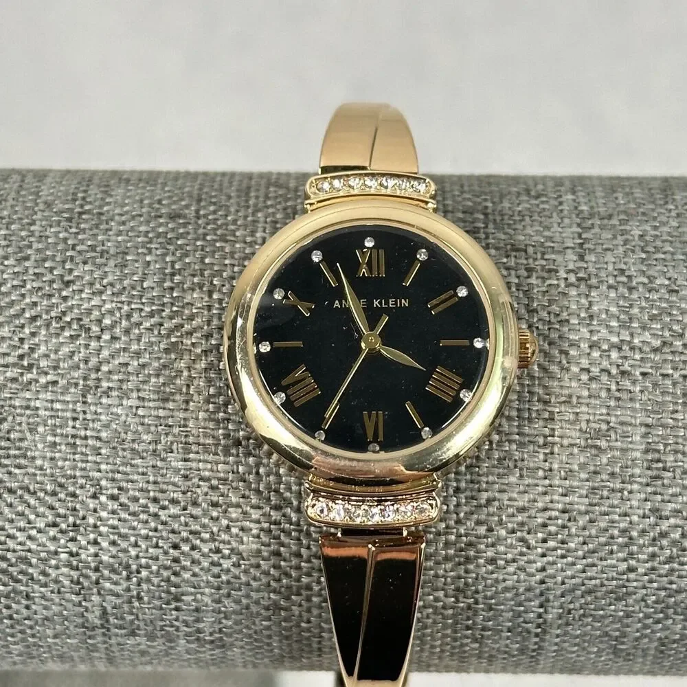 Anne Klein Watch Womens 16mm Round Black Dial Crystal Lugs Elegant New Battery